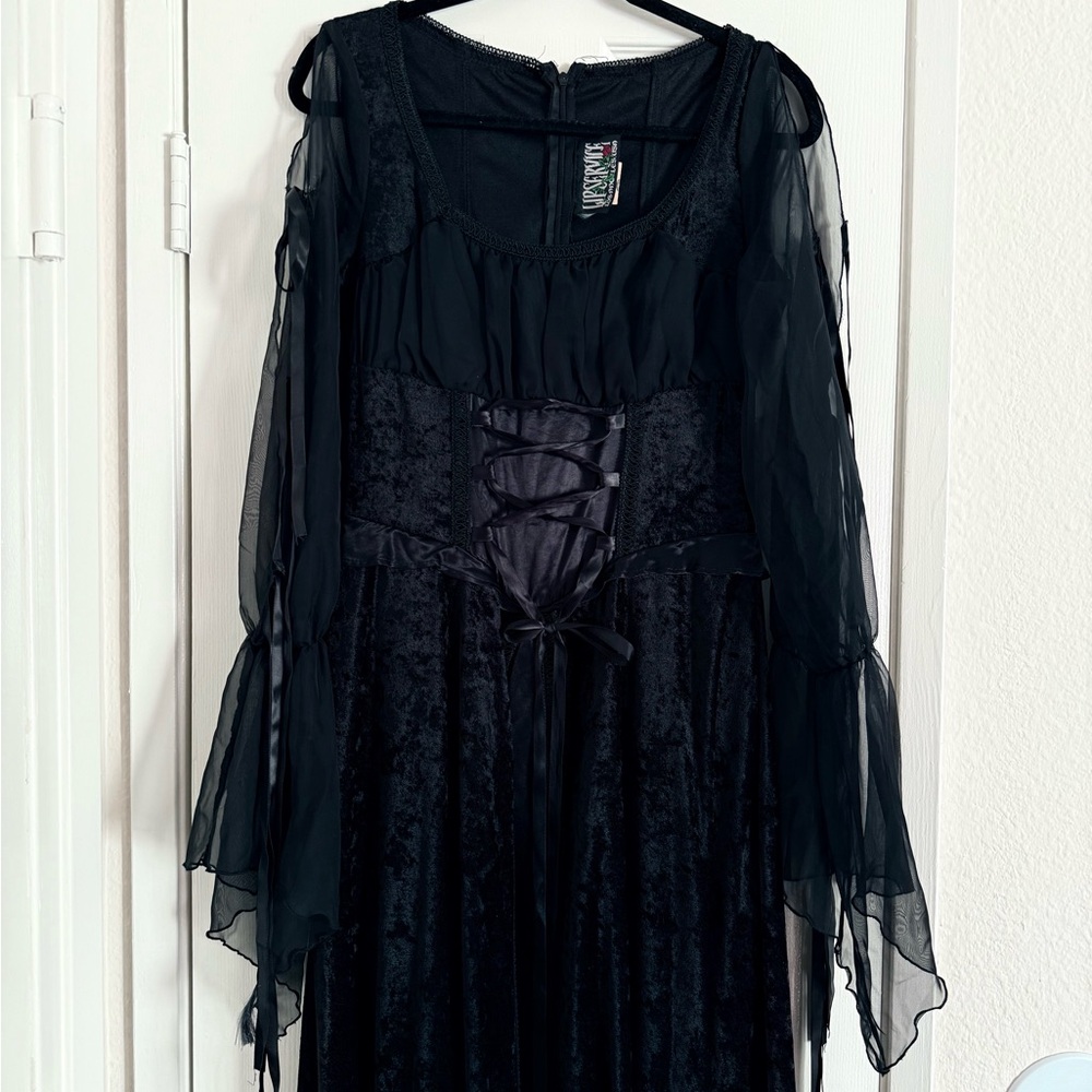 Lip Service Vintage Goth Black Velvet Lace Maxi Dress Gown
